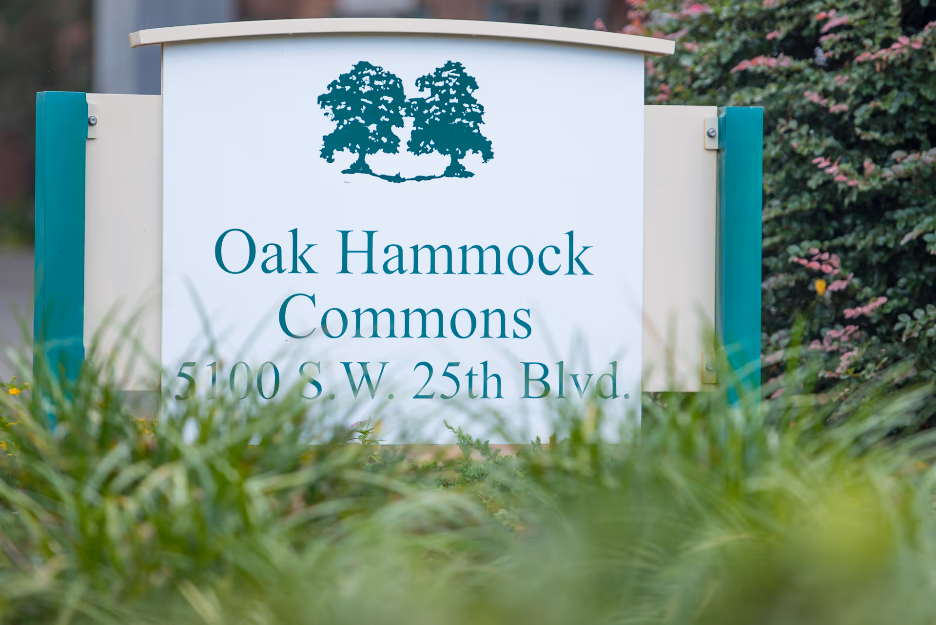 White entrance sign reading "Oak Hammock Commons 5100 S.W. 25th Blvd." surrounded by landscaping.
