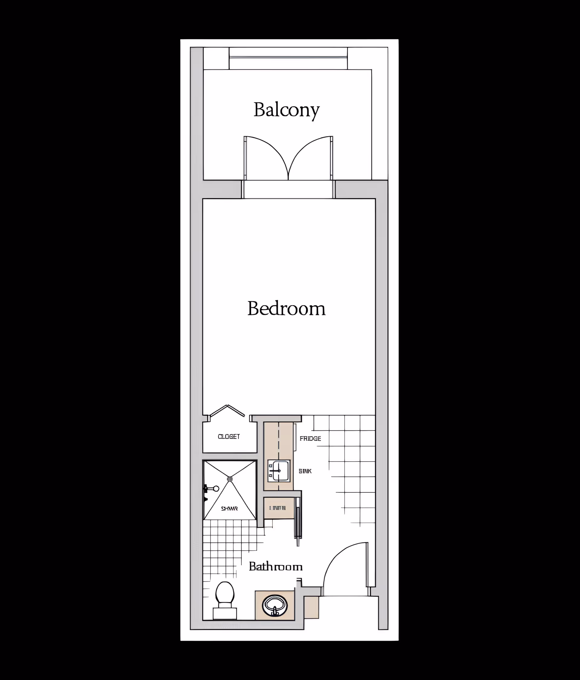 Floor plan of a senior living unit at Villa Lorena Senior Living showing a bedroom with a balcony, a bathroom with a shower, toilet, and sink, a closet, and a kitchenette area with a fridge and sink.