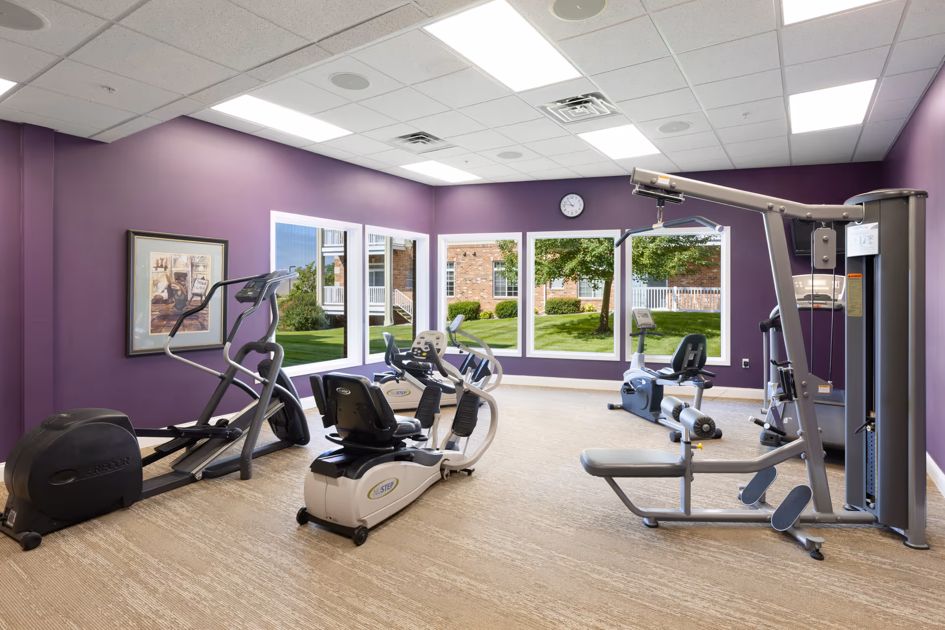 A bright exercise room with cardio machines, strength equipment, purple walls and large windows overlooking a courtyard.