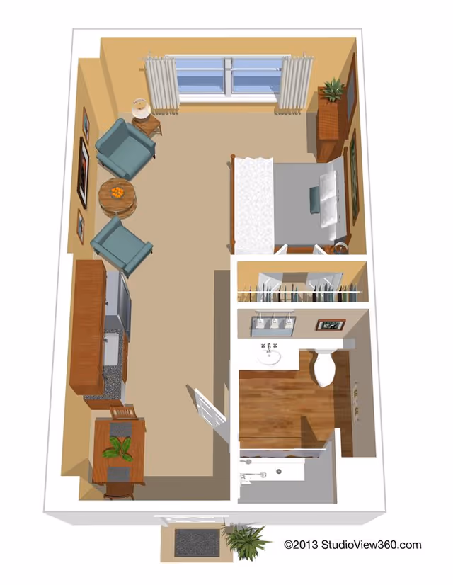 3D floor plan of a senior living studio apartment featuring a bedroom area with a bed and dresser, a living area with two armchairs and a round table, a kitchenette with cabinets and a dining table with two chairs, and a bathroom with a sink, toilet, and shower. The apartment has a window with curtains and a small entryway with a plant.