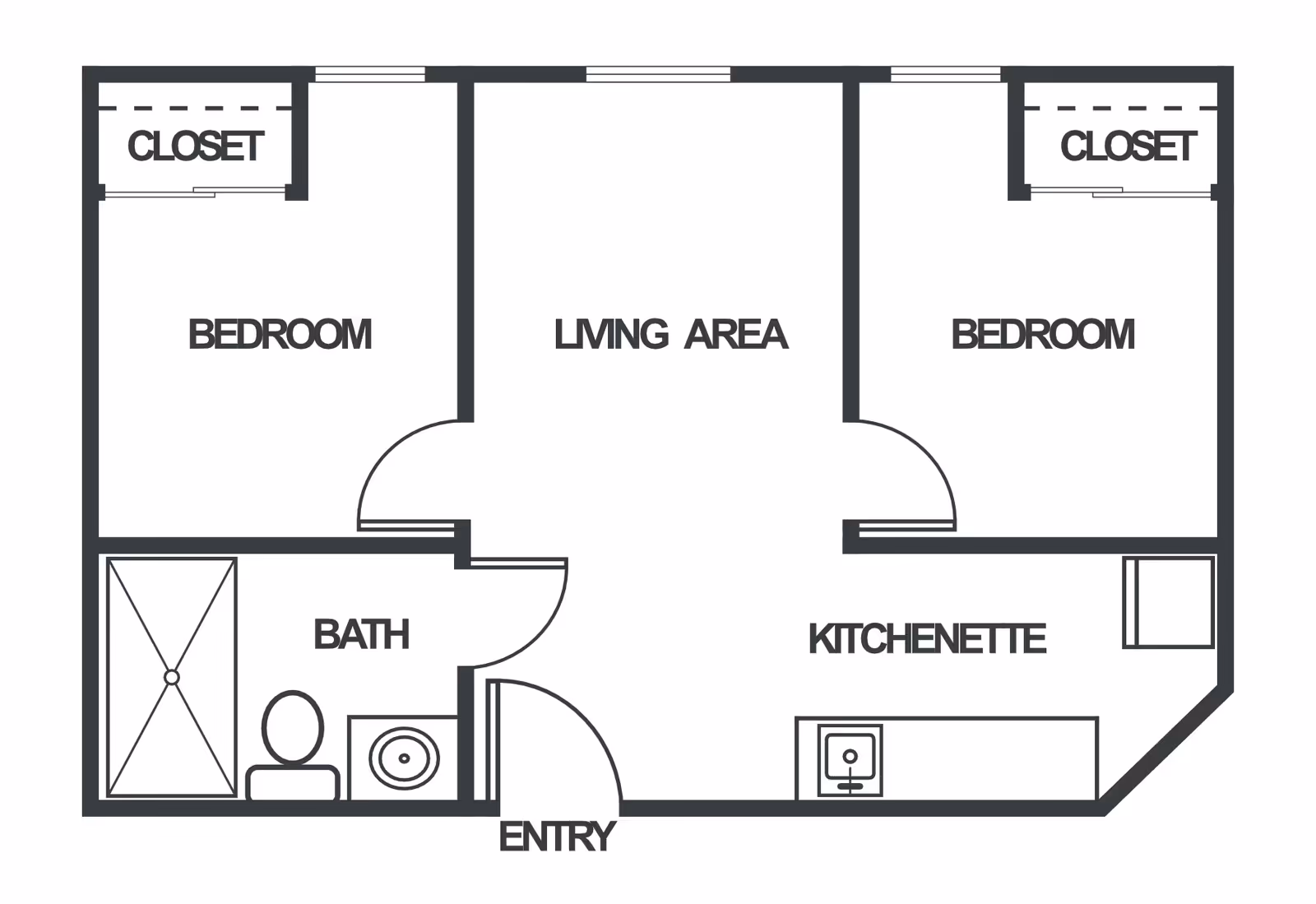 Black-and-white floor plan showing two bedrooms with closets, a central living area, a kitchenette, a bathroom, and an entry.