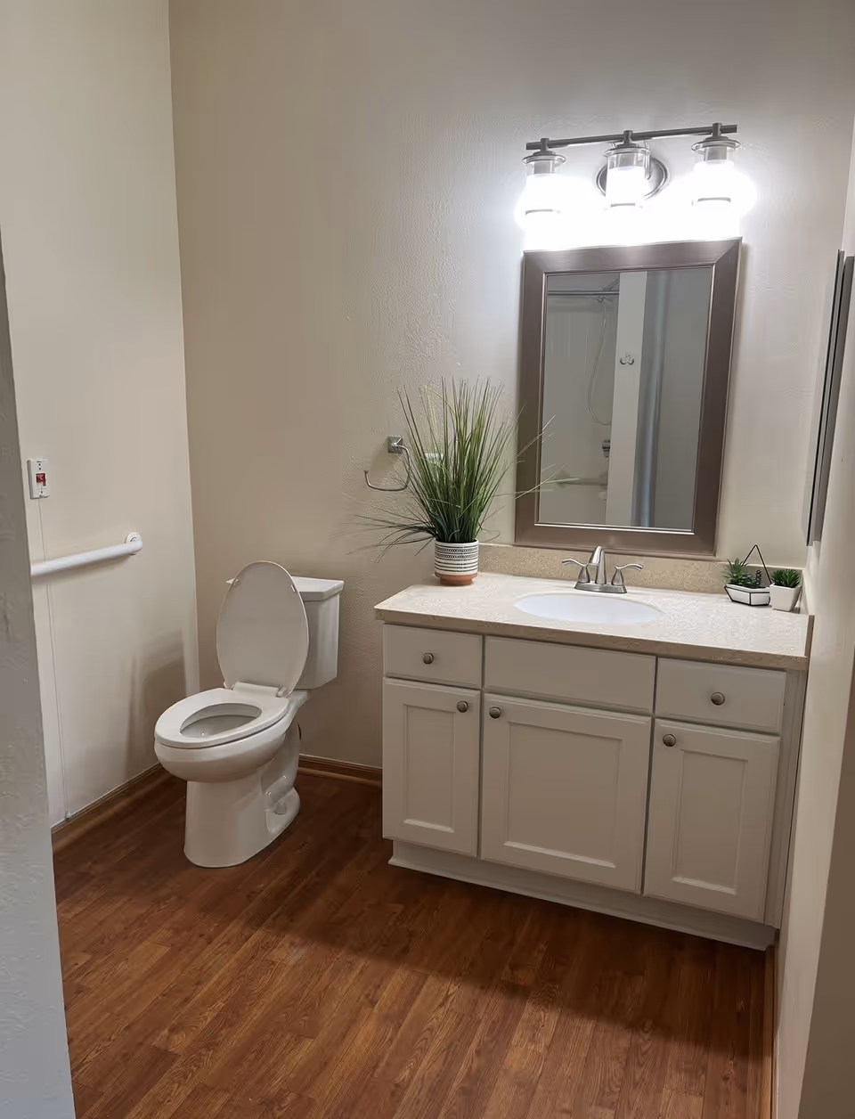A clean bathroom with a white toilet with the lid open, a white vanity with a beige countertop, a sink, and a mirror above it. There are three bright lights above the mirror and three small potted plants on the countertop. The floor has a wood-like finish and the walls are light-colored.