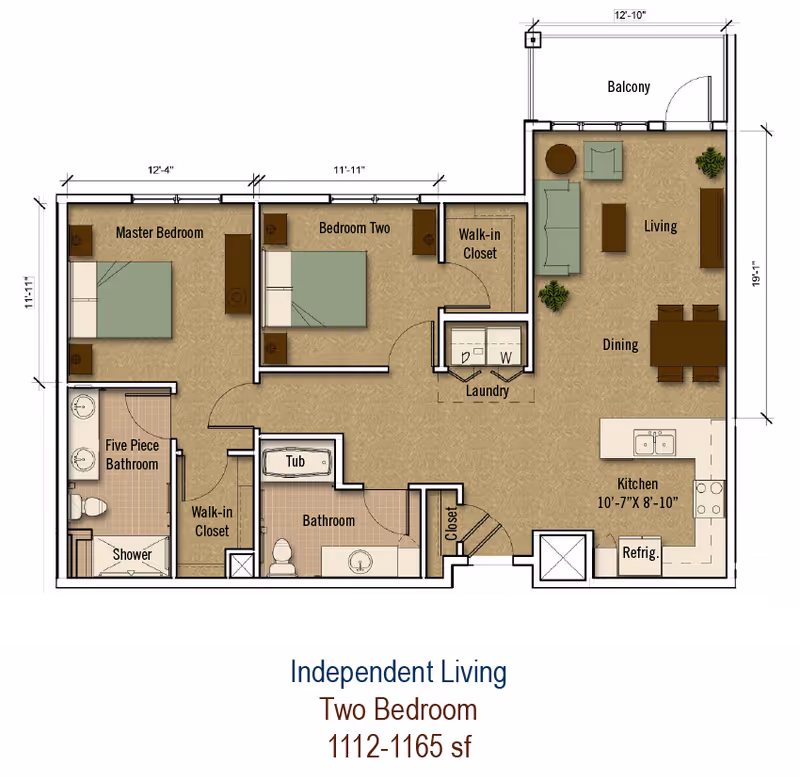Floor plan of a two-bedroom independent living apartment at MorningStar Senior Living of Parker, showing a master bedroom with a five-piece bathroom and walk-in closet, a second bedroom with a walk-in closet, a bathroom with a tub, a laundry area, a combined living and dining area with access to a balcony, and a kitchen with refrigerator and sink. Dimensions and furniture placement are indicated.