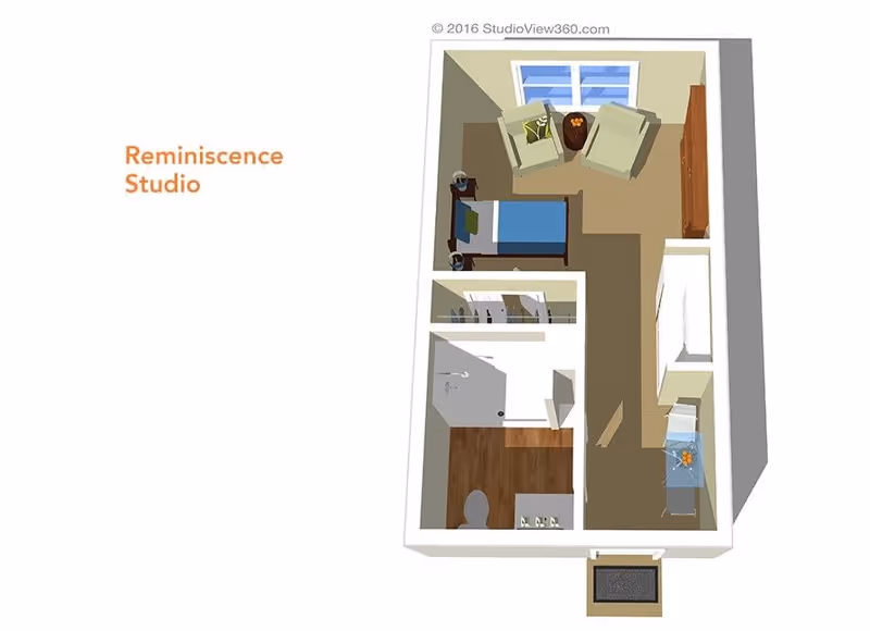 3D floor plan of a Reminiscence Studio showing a small living area with two armchairs and a side table near a window, a single bed with nightstands on either side, a closet, a bathroom with a shower, toilet, and sink, and a small table with a chair near the entrance.