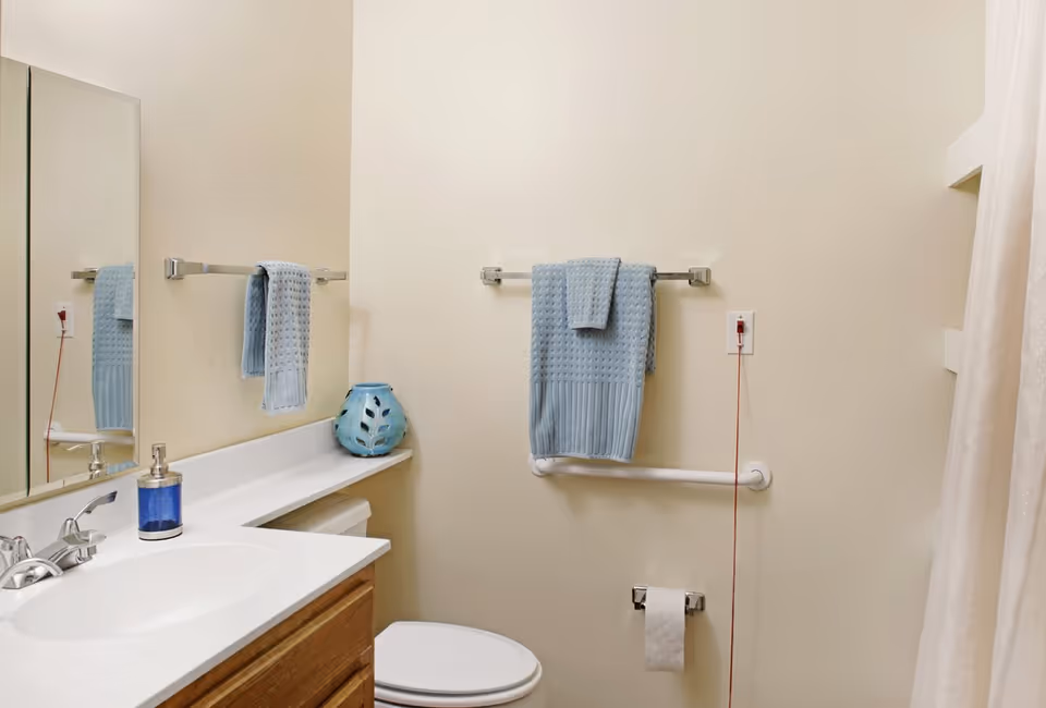 Small bathroom with a sink and vanity, mirror, toilet, towel racks holding light blue towels, a grab bar, and a shower curtain.