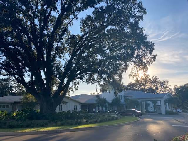 Exterior view of Arcadia Senior Living Pace facility with a large tree in the foreground and a driveway leading to the building entrance under a partly cloudy sky during late afternoon.