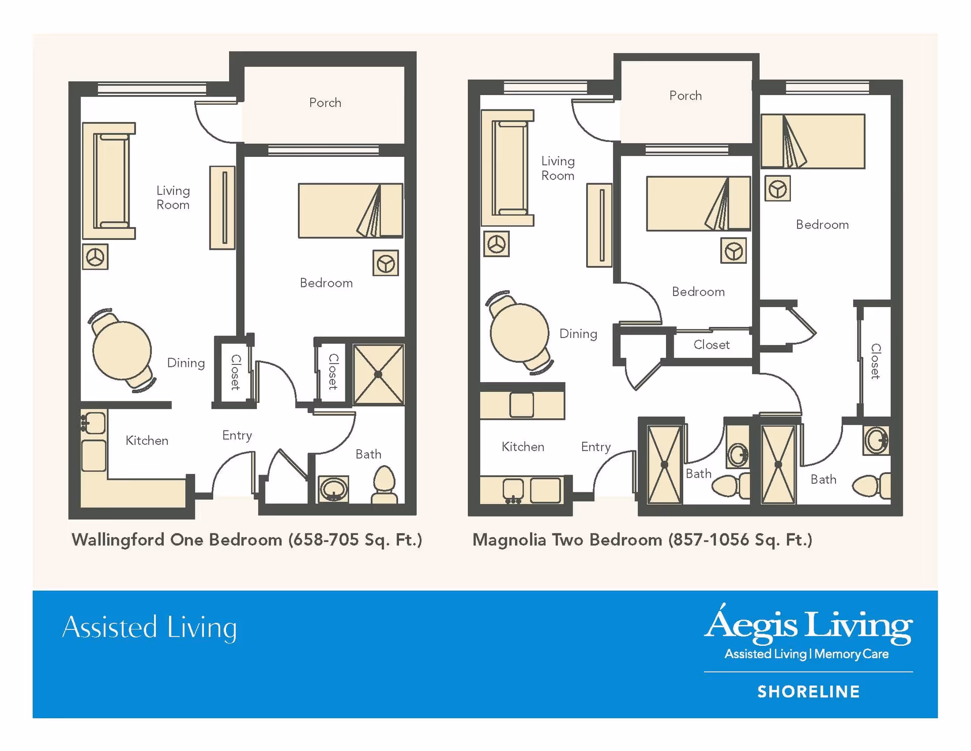 Two illustrated assisted-living apartment floor plans (one-bedroom and two-bedroom) with labels and Aegis Living branding.