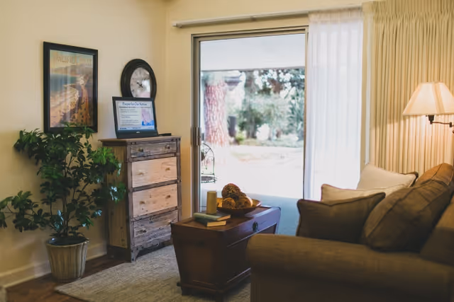 Cozy living room area with a brown sofa, a wooden chest used as a coffee table with decorative items on top, a wooden chest of drawers with a laptop and a clock on it, a potted plant, a framed picture on the wall, and a sliding glass door with sheer curtains leading to an outdoor area.