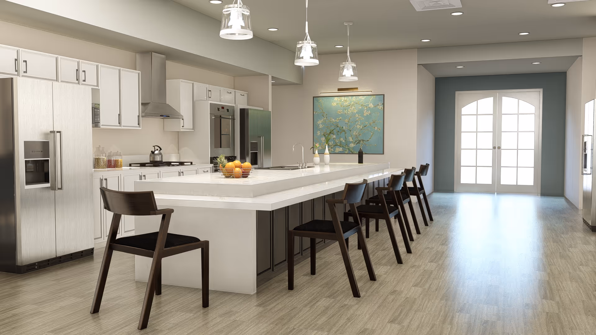 Bright modern communal kitchen with a long island, multiple bar stools, stainless steel appliances, pendant lights and double doors at the far end.
