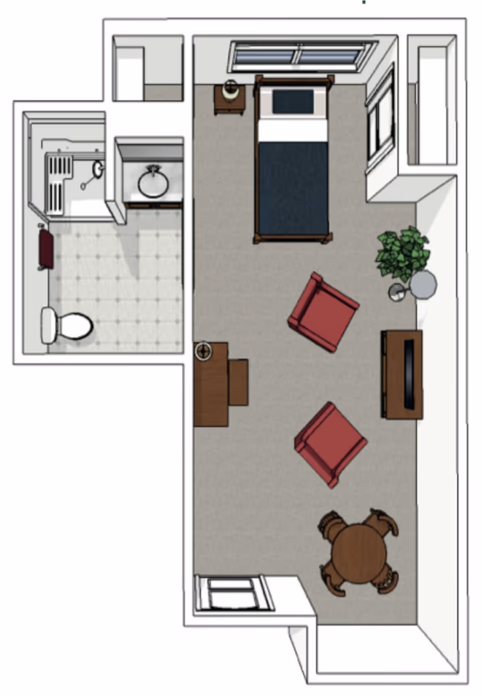 Top-down floor plan of a senior living facility room featuring a bedroom area with a bed, nightstand, and dresser, a living area with two red armchairs, a small round table with four chairs, a TV on a stand, a desk with a chair, and a bathroom with a toilet, sink, and shower.