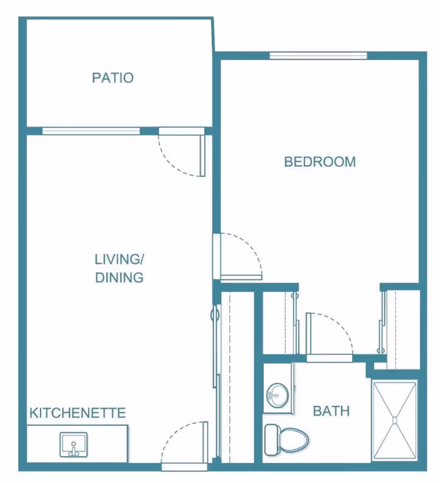 Floor plan of a senior living unit at Holiday Quail Run Estates showing a patio, living/dining area, kitchenette, bedroom, and bathroom with a shower, toilet, and sink.