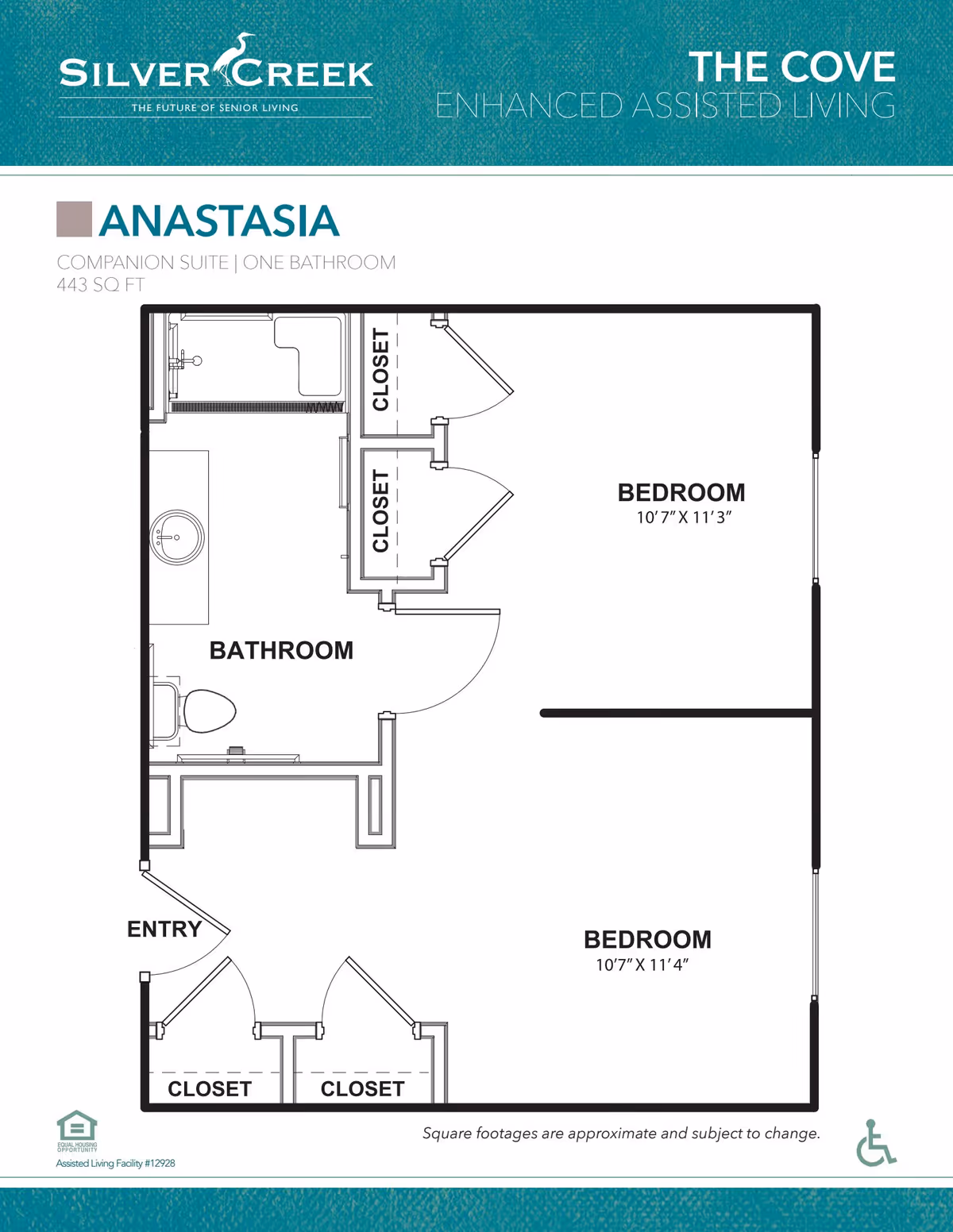 Floor plan of Anastasia companion suite at Silver Creek, showing two bedrooms, one bathroom, closets, and an entry area. The suite is 443 square feet.