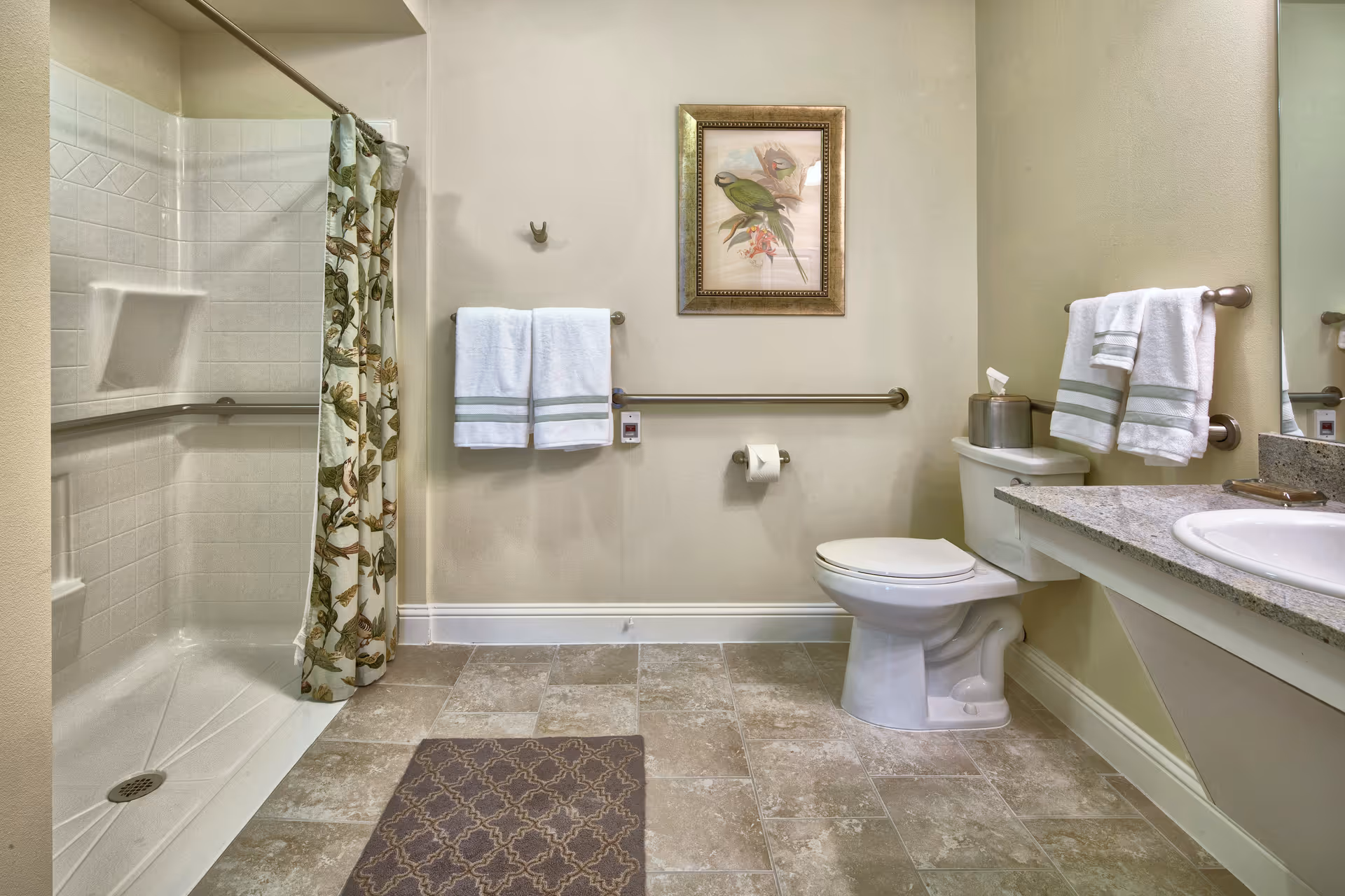 Bright accessible bathroom with a walk-in shower with a floral curtain, toilet, sink, and towel bars.