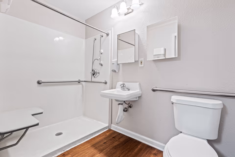 Accessible bathroom with a walk-in shower with fold-down seat, sink, toilet, and grab bars.