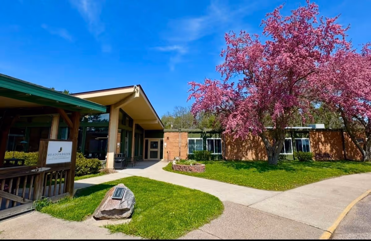 Exterior view of Meadowbrook at Black River Falls facility on a sunny day with a clear blue sky. The building has a brick facade with large windows and a covered entrance. There is a well-maintained lawn with a large tree blooming with pink flowers near the entrance. A paved walkway leads to the entrance, and a sign with the facility's name is visible near the left side of the image.