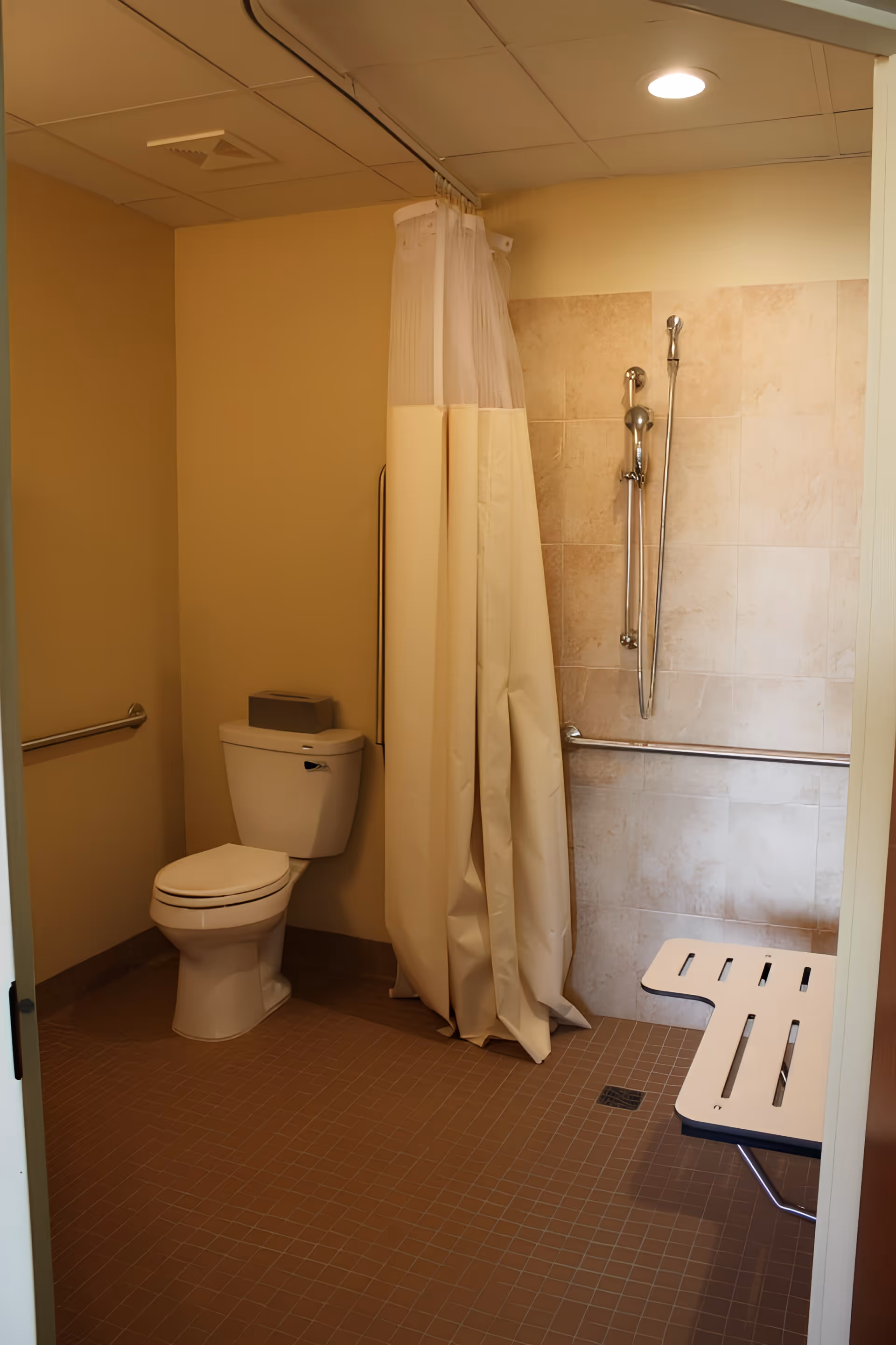 Accessible bathroom with a toilet, shower curtain, wall-mounted handheld shower, grab bars, and a fold-down shower bench.