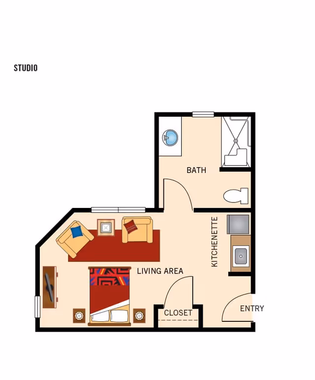 Studio floor plan showing a combined living/sleeping area with a bed and seating, a kitchenette, a bathroom, and a closet.