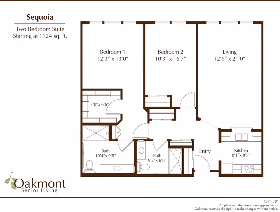 Floor plan of Sequoia two-bedroom suite at Oakmont Senior Living, showing dimensions of two bedrooms, two bathrooms, living room, kitchen, and entry area.