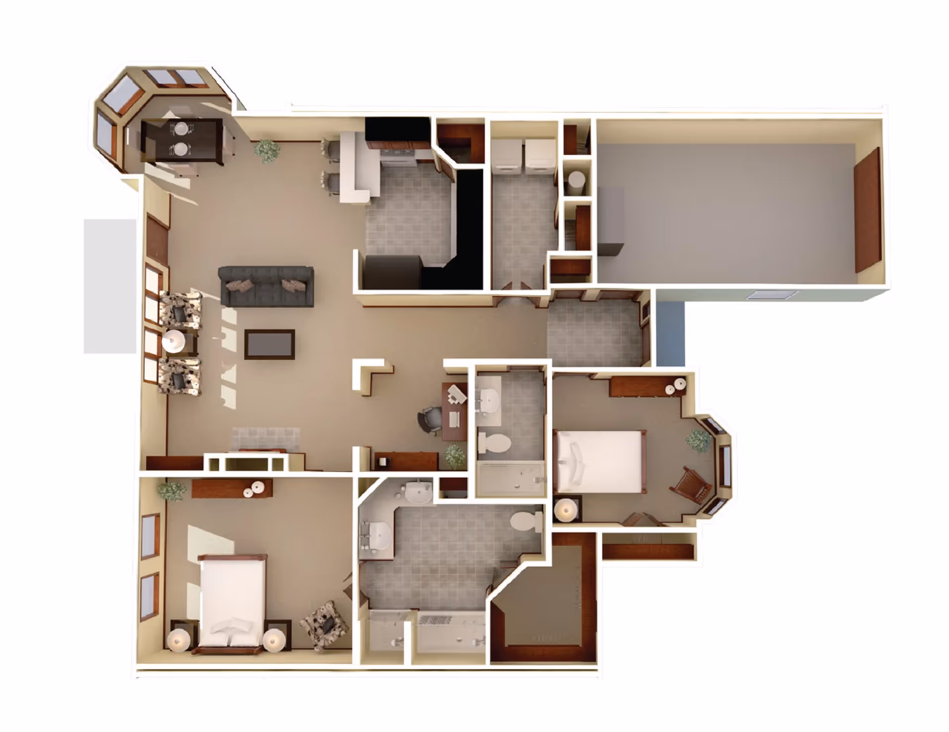 3D top-down floor plan of a senior living apartment showing two bedrooms, living and dining areas, kitchen, bathrooms, and storage/garage space.