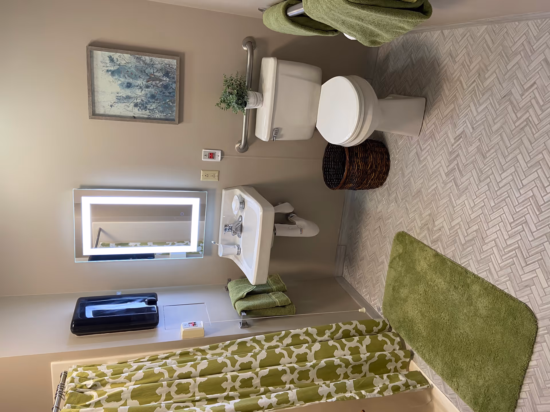 A clean and well-lit bathroom with a white toilet and sink. The toilet has a small potted plant on the tank and a grab bar behind it. There is a green bath mat on the floor and matching green towels hanging on towel racks. A shower with a green and white patterned curtain is visible on the left side. Above the sink is a rectangular mirror with built-in lighting. A wicker wastebasket is placed on the floor next to the toilet, and a framed artwork hangs on the wall above the grab bar.
