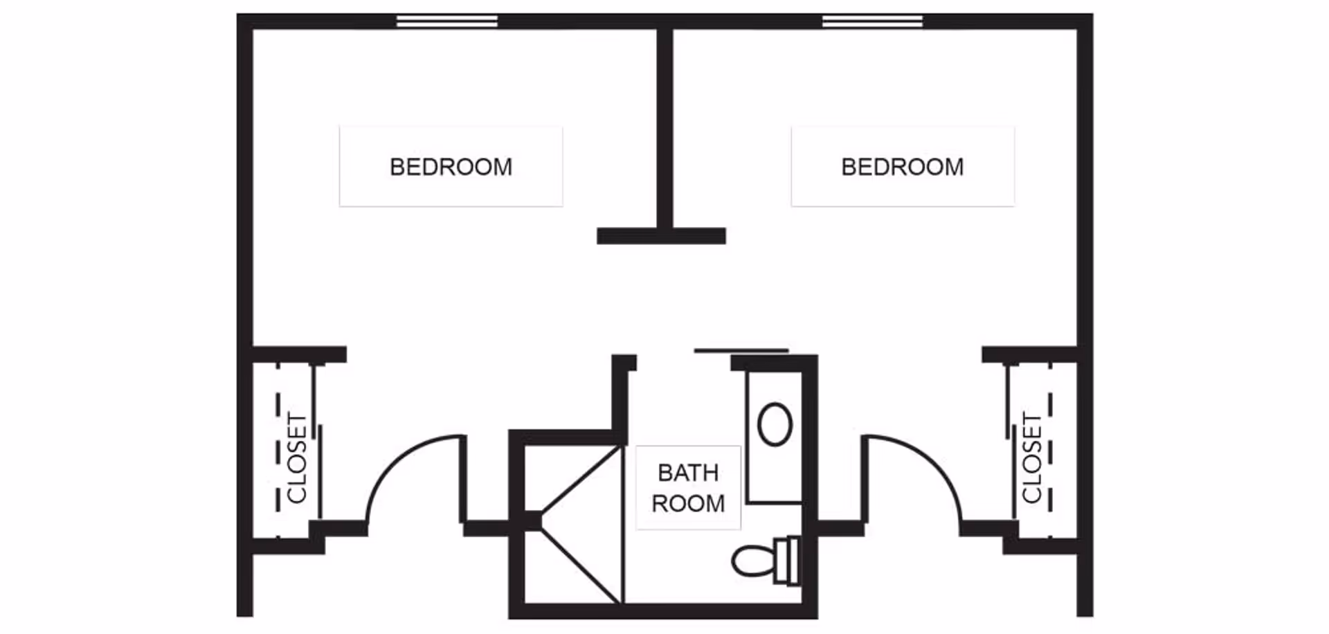 Floor plan showing two bedrooms each with a closet, and a shared bathroom located between the bedrooms.