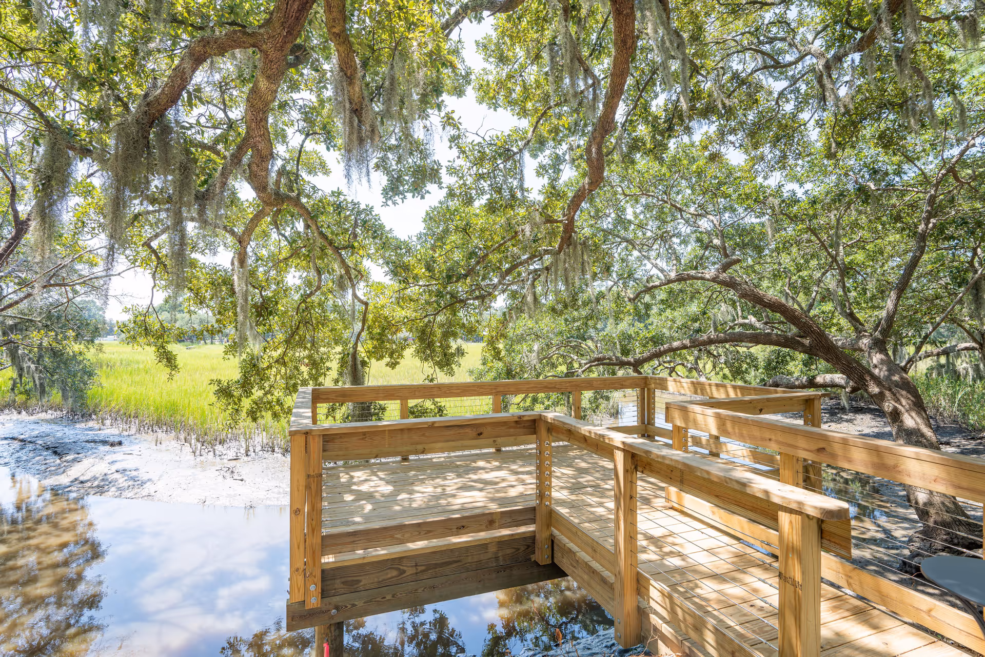 A wooden deck overlooking a calm water body surrounded by lush green trees with hanging moss, under a bright sunny sky.