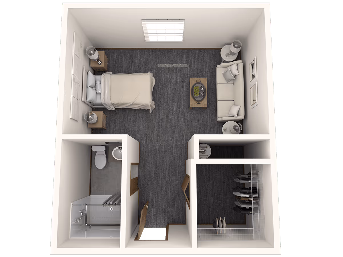 Top-down view of a small apartment layout featuring a bedroom with a bed and two nightstands, a living area with a sofa and coffee table, a bathroom with a toilet, sink, and shower, and a walk-in closet with hanging clothes and a small sink.