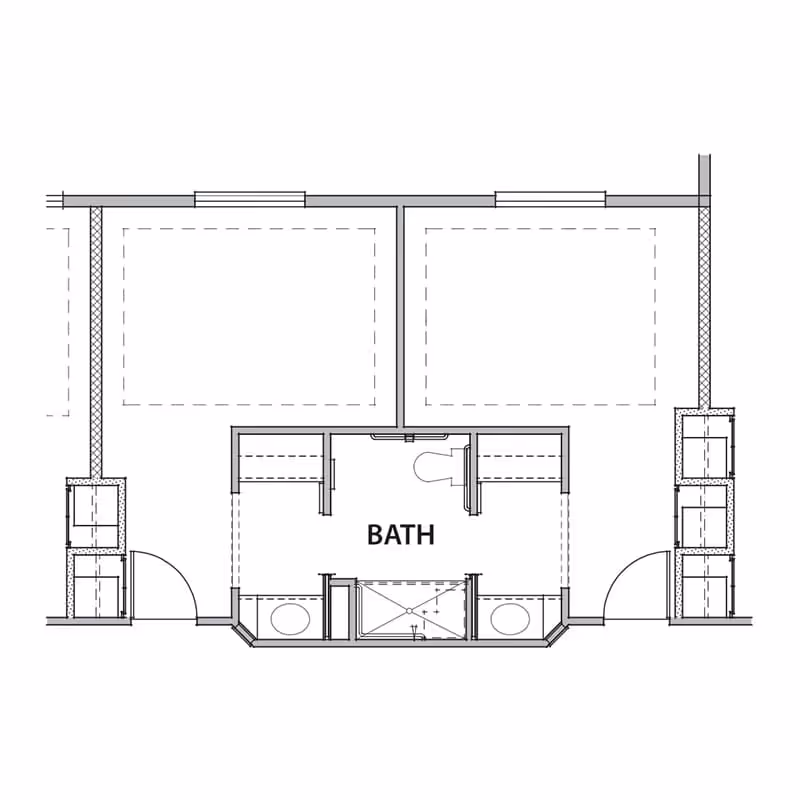 Architectural floor plan showing a bathroom layout labeled 'BATH' with two adjacent rooms on either side, each having a door leading into the bathroom area. The bathroom includes two sinks, a toilet, and a shower area.