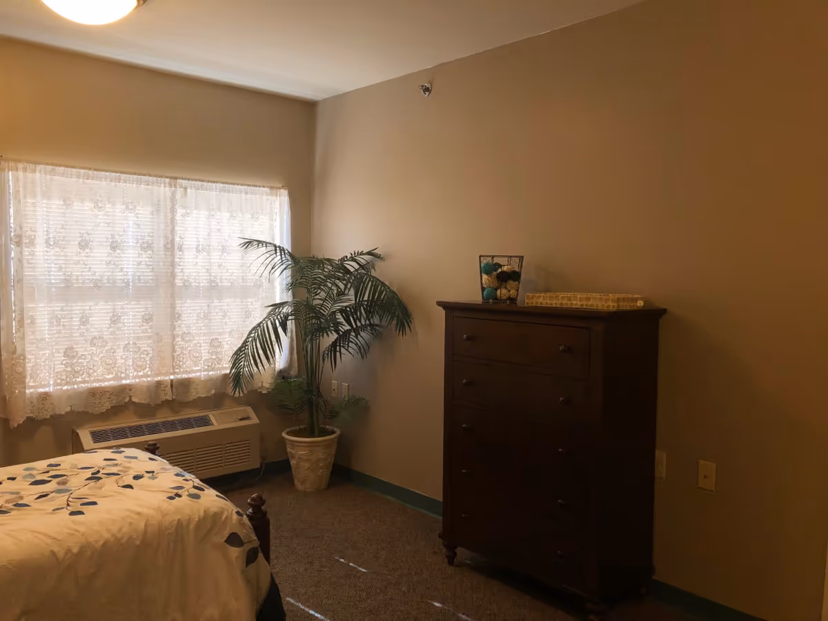 A bedroom with a bed partially visible on the left side covered with a white comforter with blue leaf patterns. There is a window with lace curtains letting in natural light. A potted plant is placed near the window. On the right side, there is a dark wooden chest of drawers with decorative items on top. The walls are painted beige and the floor is carpeted.