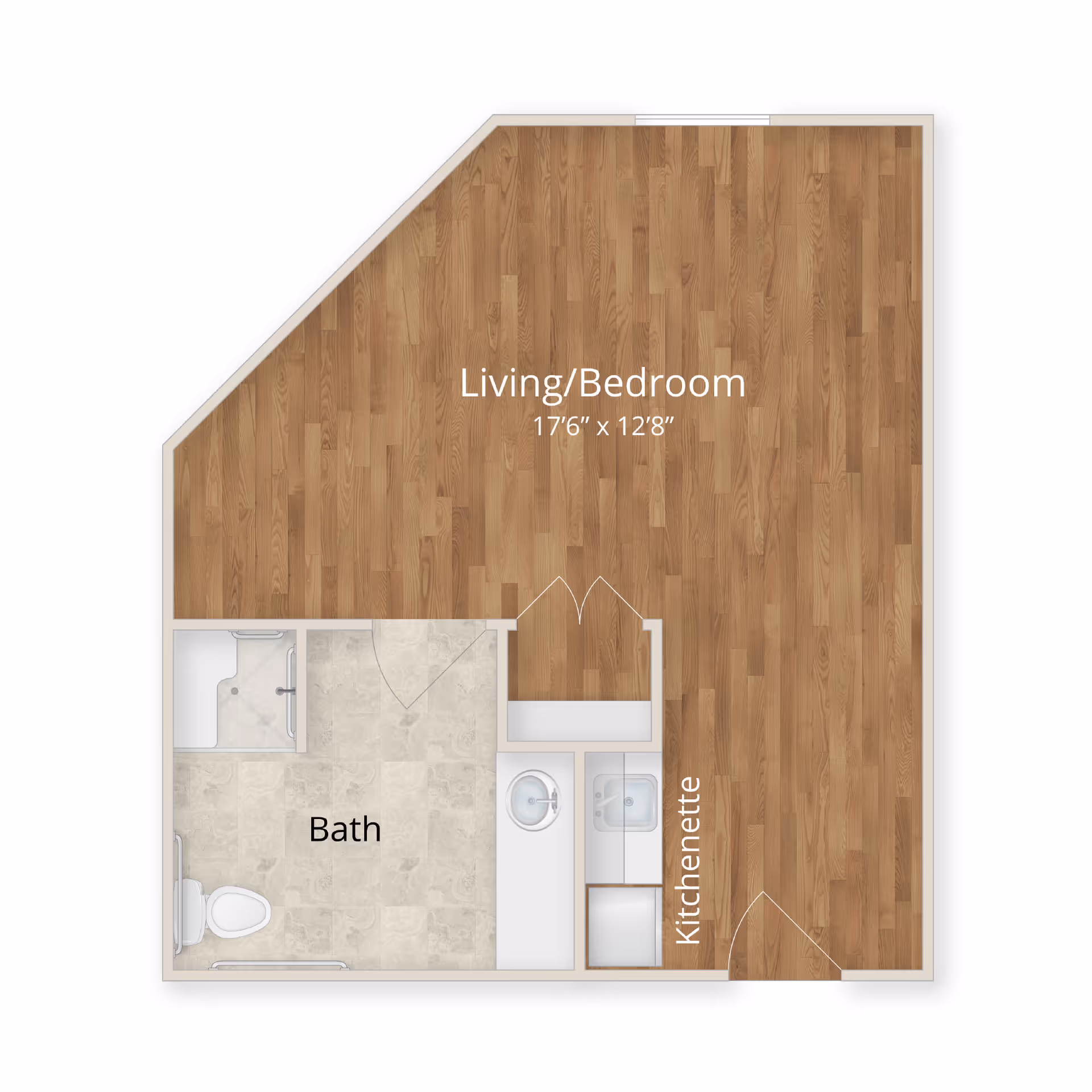 Top-down floor plan of a studio-style unit showing a combined living/bedroom area, a kitchenette, and a separate bath.