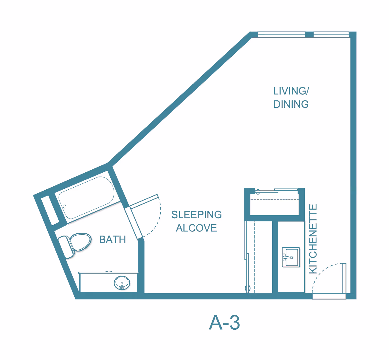Floor plan layout of a studio apartment labeled A-3, featuring a bath with a bathtub, toilet, and sink, a sleeping alcove, a living/dining area, and a kitchenette with a sink and counter space.