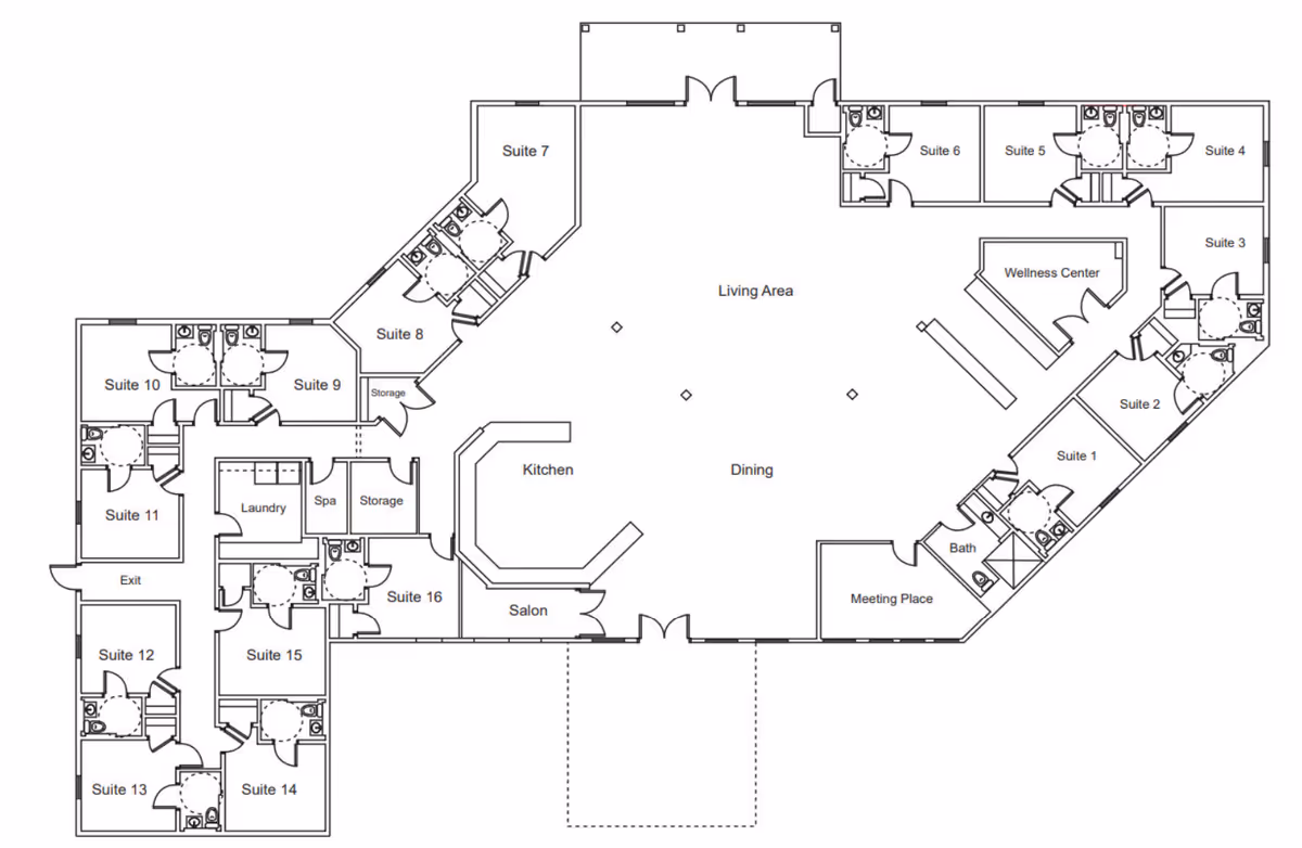 Architectural floor plan of Oakview Assisted Living & Memory Care facility showing multiple suites, a living area, dining area, kitchen, salon, wellness center, meeting place, spa, laundry, storage, and bathrooms.