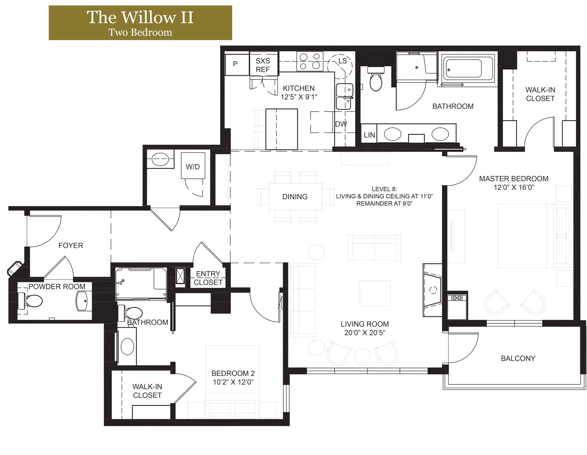 Graphic floor plan titled "The Willow II Two Bedroom" showing a two-bedroom apartment layout with labeled rooms, closets, and a balcony.