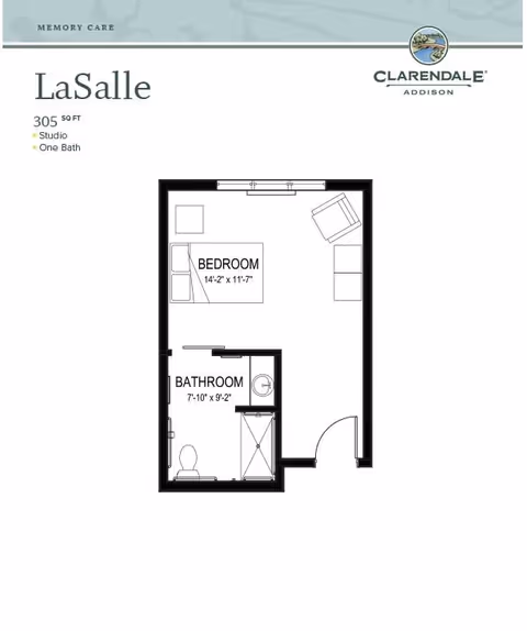 Floor plan of LaSalle studio apartment at Clarendale of Addison showing a 305 square foot layout with one bedroom area measuring 14 feet 2 inches by 11 feet 7 inches, and one bathroom measuring 7 feet 10 inches by 9 feet 2 inches. The bedroom includes a bed, chair, and dresser. The bathroom includes a toilet, sink, and shower.