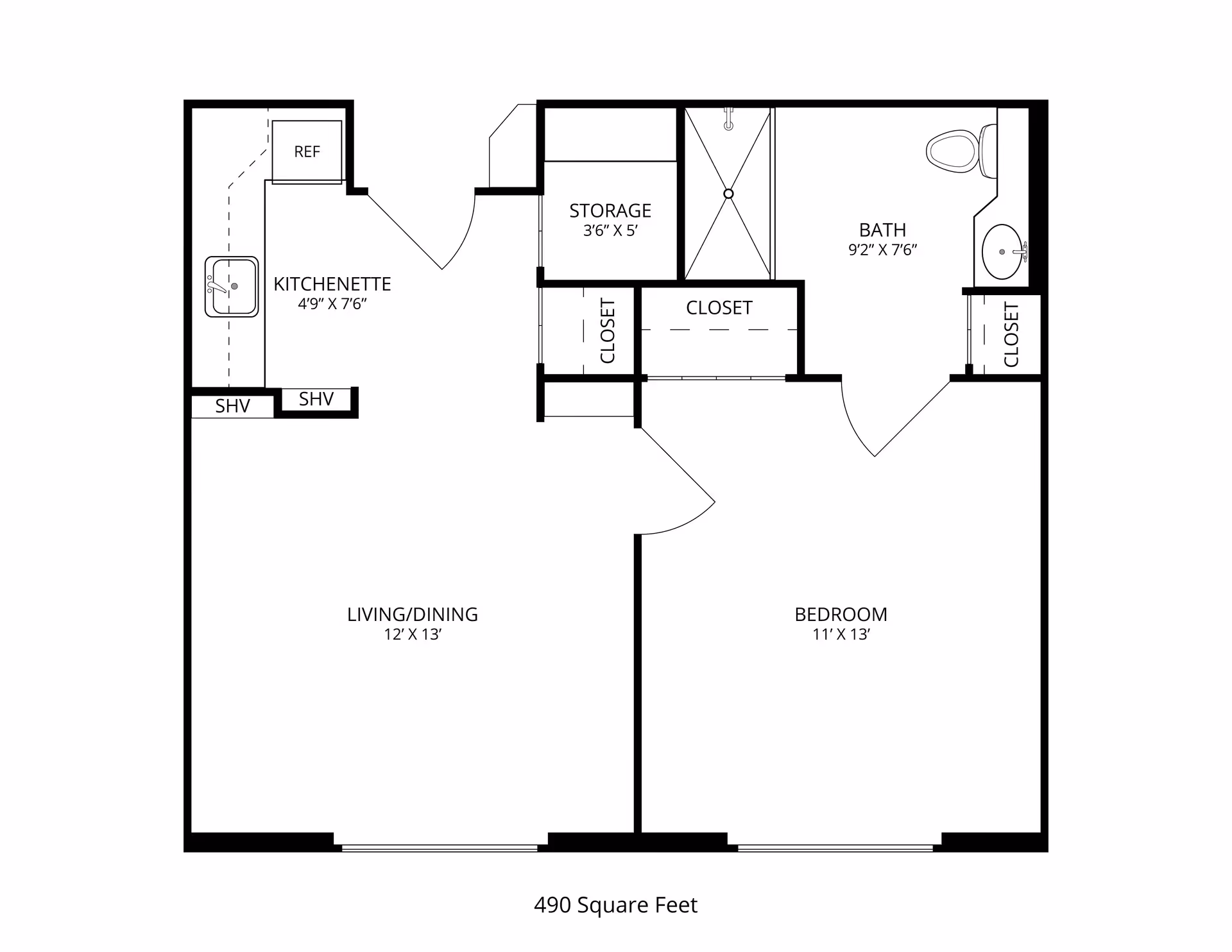 Architectural floor plan of a 490 square feet living space at Sherbrooke Village Living Center, showing a kitchenette, living/dining area, bedroom, bathroom, storage, and closets with dimensions.