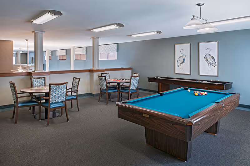 A recreational room with a pool table in the foreground, a shuffleboard table against the wall, and two round tables with chairs. The walls are painted blue with two framed bird artworks hanging. The room has carpeted floors and ceiling lights.