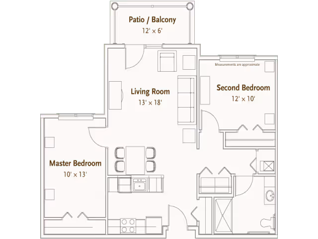 Floor plan of a residential unit at Hearthstone Village showing a patio/balcony, living room, master bedroom, second bedroom, kitchen, and bathroom with approximate measurements.
