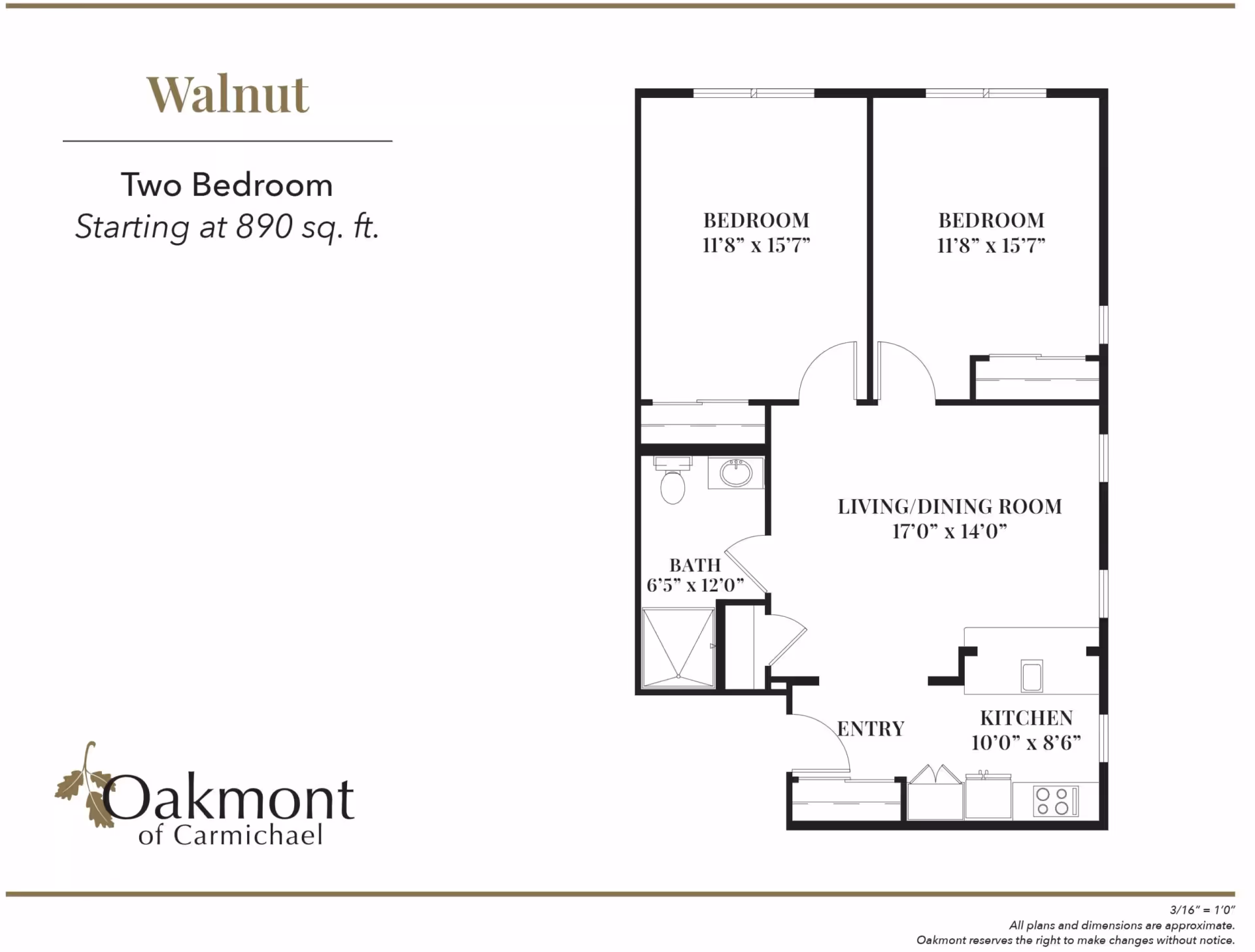 Floor plan of Walnut two-bedroom apartment at Oakmont of Carmichael, showing two bedrooms each 11'8" x 15'7", a living/dining room 17'0" x 14'0", a kitchen 10'0" x 8'6", a bathroom 6'5" x 12'0", and an entry area. The total area starts at 890 square feet.