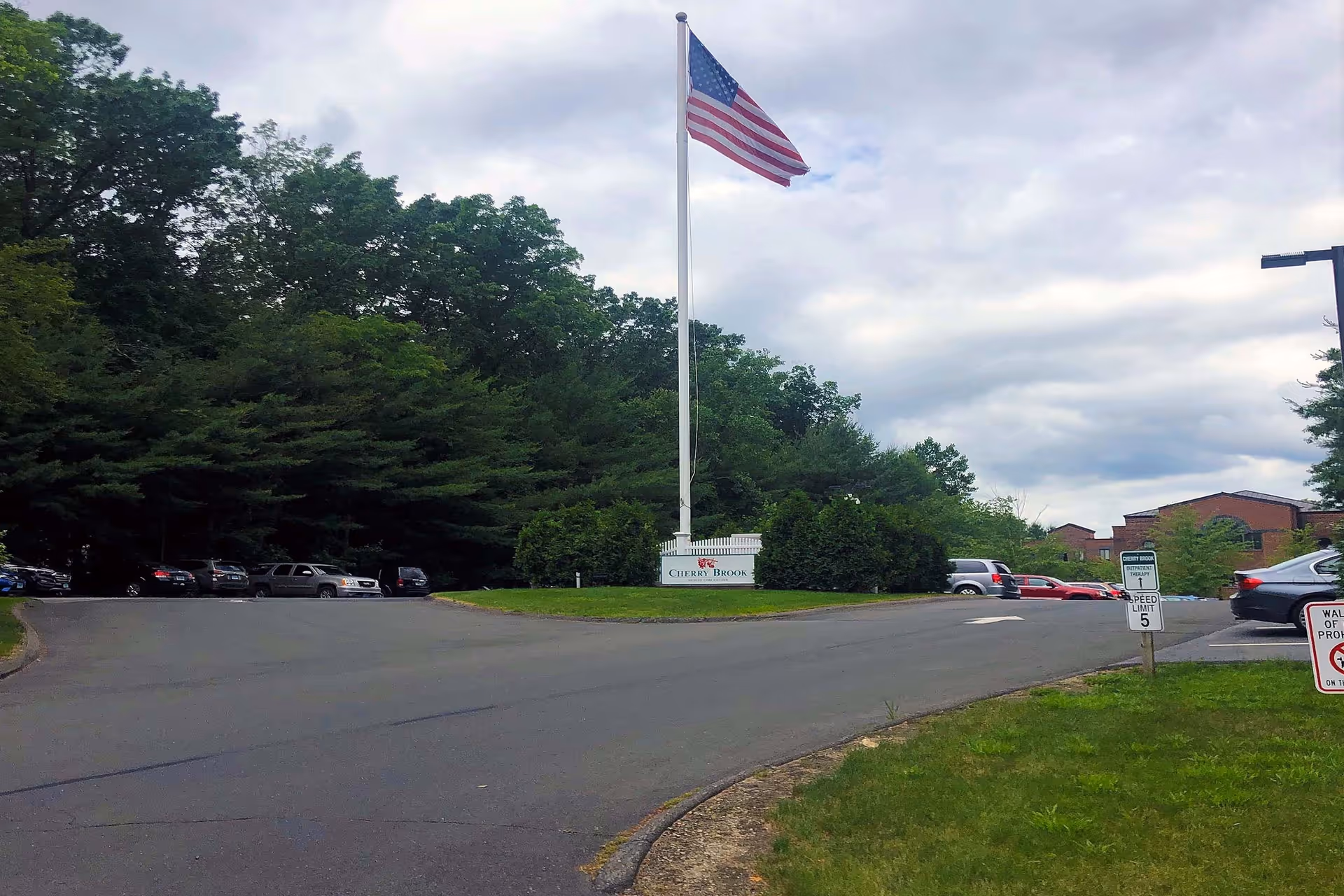 Parking lot area with several parked cars, a tall flagpole with an American flag, and a sign that reads 'Cherry Brook'. Trees and bushes surround the area under a cloudy sky.