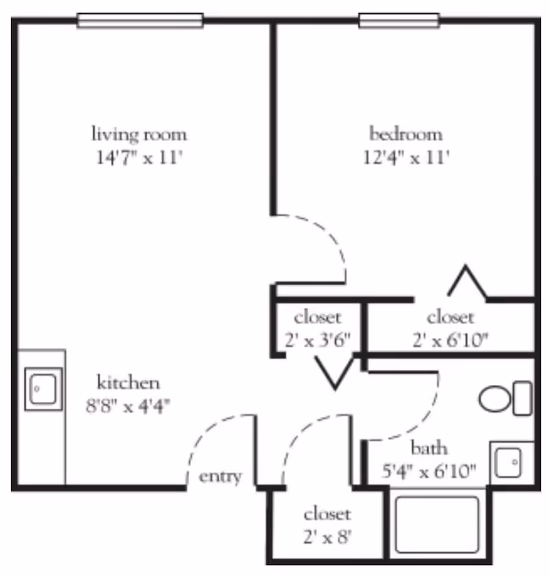 Floor plan layout of a one-bedroom apartment showing a living room, kitchen, bedroom, bathroom, and three closets with dimensions labeled for each room.