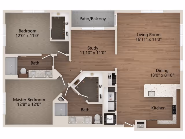 Rendered floor plan of a two-bedroom apartment showing a living room, dining area, kitchen, study, two bathrooms, master bedroom, patio/balcony and room dimensions.