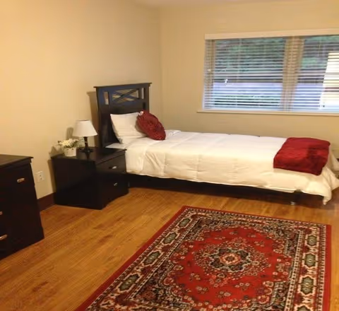 A simple bedroom with a single bed against the wall, dressed in white bedding with a red throw blanket and a red decorative pillow. Next to the bed is a dark wooden nightstand with a small lamp and a potted plant. There is a window with blinds on the wall behind the bed, and a red patterned area rug on the wooden floor.