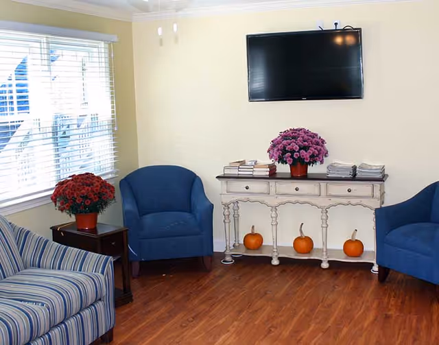 A cozy living room with two blue armchairs and a striped sofa arranged around a white console table. The table holds a pot of purple flowers, several books, and stacks of papers. Three small pumpkins are placed on the lower shelf of the table. A flat-screen TV is mounted on the beige wall above the table. A window with white blinds allows natural light into the room, and a small side table with a red flower pot is next to one armchair. The floor is wooden.