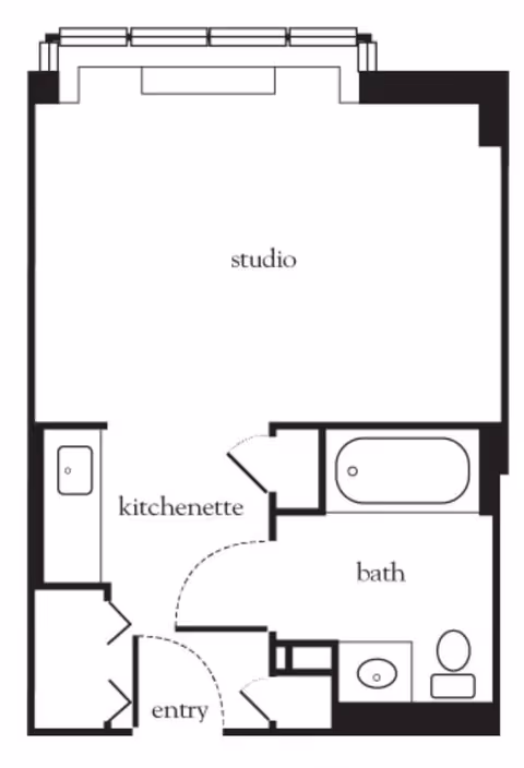 Floor plan of a studio apartment at Atria Forest Hills showing an entry area leading to a kitchenette, a studio living space, and a bathroom with a bathtub, sink, and toilet.