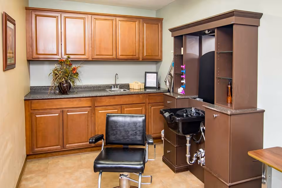 Interior view of a hair salon area within a senior living facility, featuring a black salon chair in front of a brown cabinetry unit with a built-in black sink, alongside wooden cabinets and a countertop with a small sink and decorative plant.
