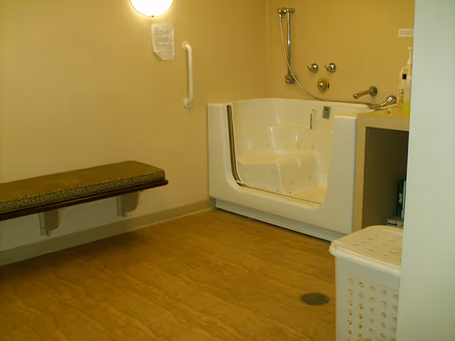 A bathroom designed for accessibility featuring a walk-in bathtub with a door, a handheld showerhead, grab bars on the wall, a cushioned bench attached to the wall, and a laundry basket on the floor.