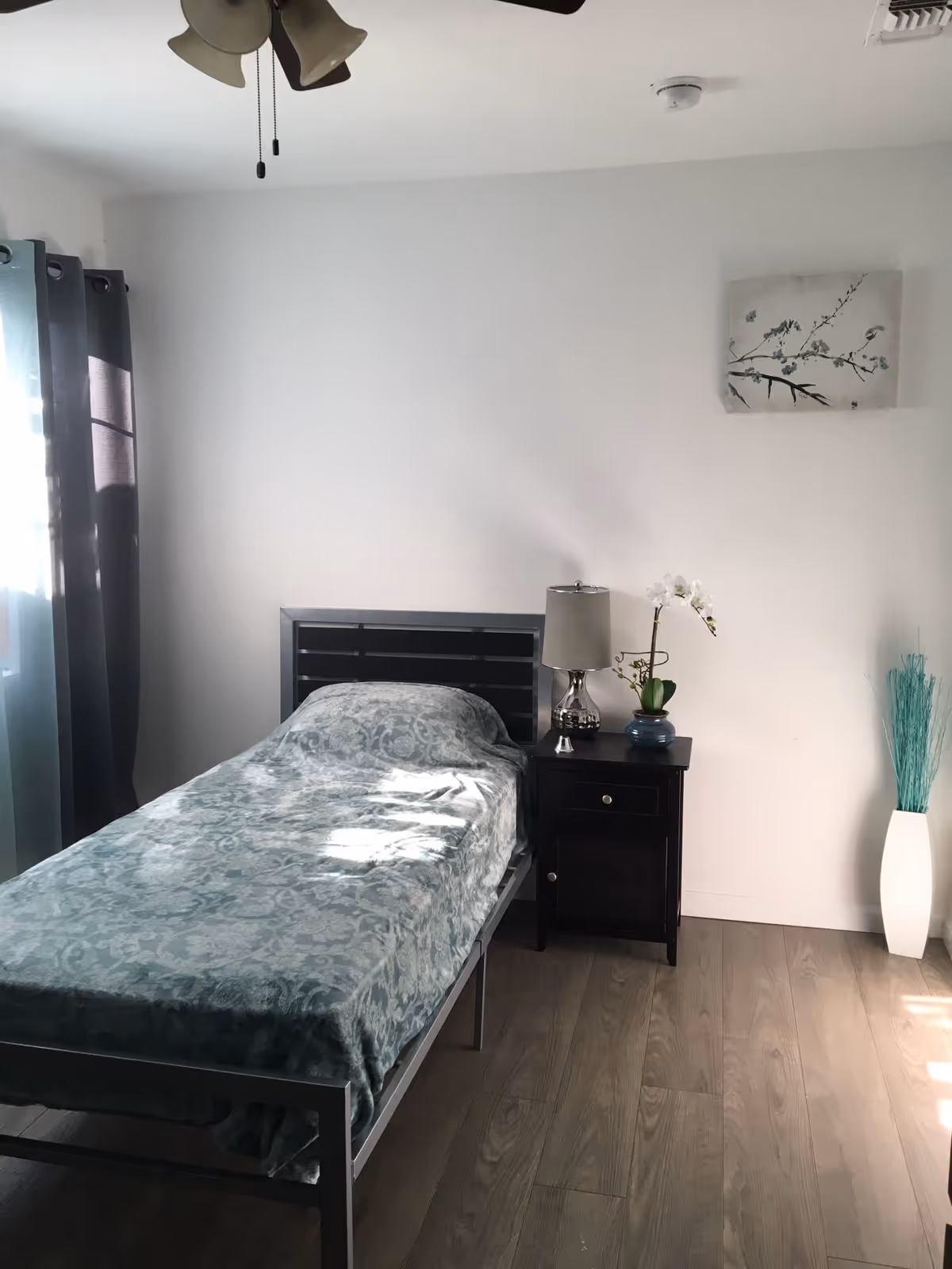 Simple bedroom with a single metal-framed bed covered in a teal patterned blanket, a dark nightstand with a lamp and plant, curtains, and wall art on a white wall.