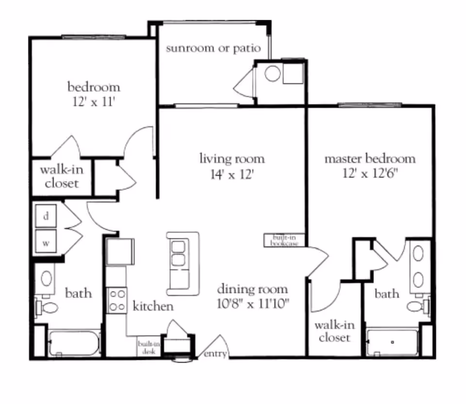 Floor plan of a two-bedroom apartment at Atria Southpoint Walk, showing a master bedroom with walk-in closet and bath, a second bedroom with walk-in closet, a living room, dining room, kitchen, two bathrooms, a sunroom or patio, and an entry area.