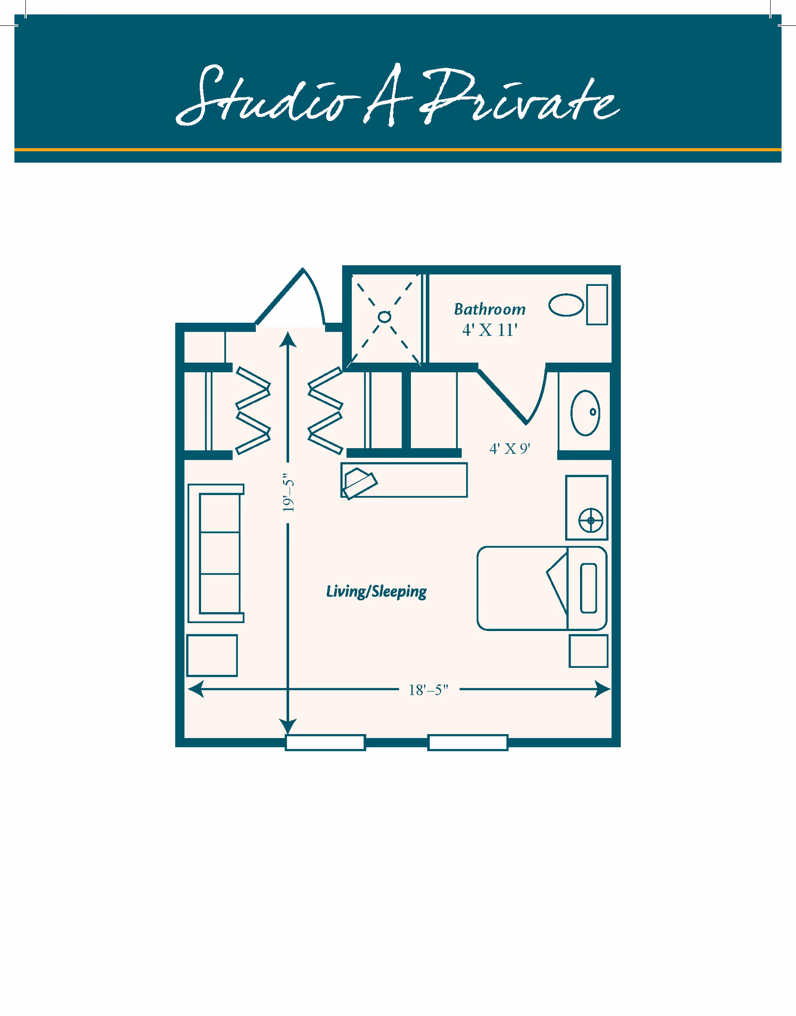 Floor plan of a studio apartment labeled Studio A Private, showing a combined living and sleeping area measuring 18 feet 5 inches by 19 feet 5 inches, with a bathroom measuring 4 feet by 11 feet. The layout includes a bed, sofa, small table, closet, and bathroom fixtures including a shower, toilet, and sink.