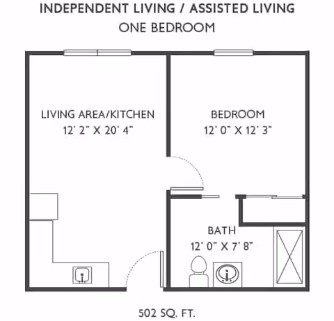 Floor plan for a one-bedroom independent or assisted living unit at Traditions of Deerfield, showing a living area/kitchen measuring 12 feet 2 inches by 20 feet 4 inches, a bedroom measuring 12 feet by 12 feet 3 inches, and a bathroom measuring 12 feet by 7 feet 8 inches, with a total area of 502 square feet.